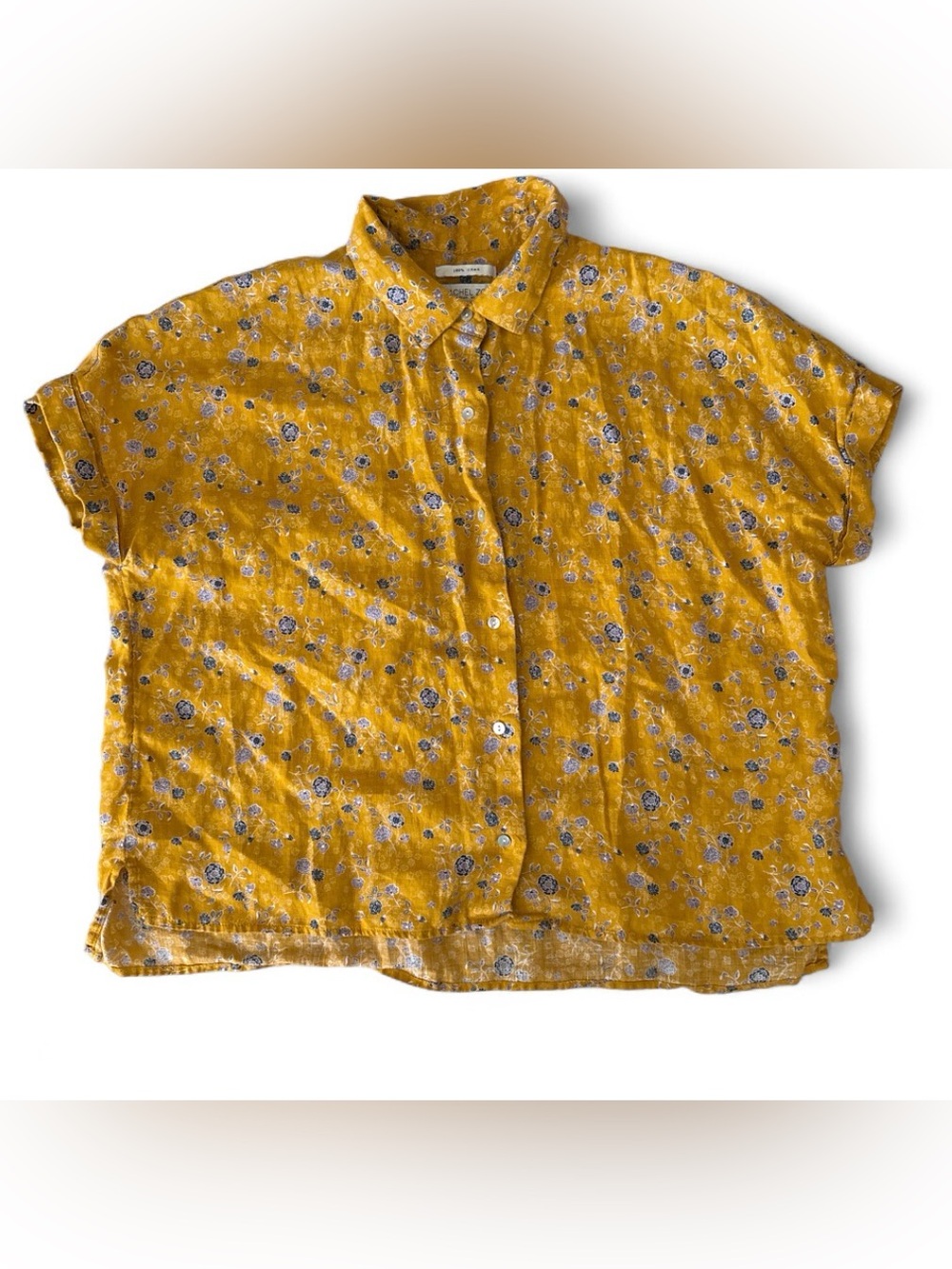 Rachel Zoe Mustard Yellow Floral Button-Down Shirt-100% Linen